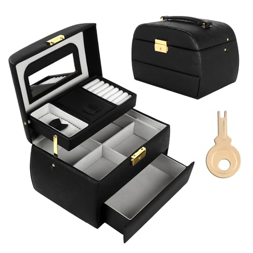 Image of KRISHYAM Luxury Lockable 3 Layer Leather Jewelry Box Organizerwith Mirror, Drawer & Key - Black Faux Leather Travel Case for Women & Girls