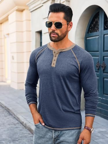 Yousify Mens Henley Shirts Long Sleeve Casual Basic T Shirts Button Vintage Lightweight Tee Tops2