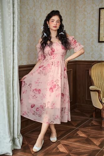 Image of Scarlet Darkness Floral Dress for Women Summer Puff Sleeve Square Neck A Line Flowy Wedding Guest Tea Party Dresses