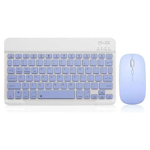 Şık Tasarımlı Bluetooth Kablosuz Klavye ve Mouse Seti | Android, iOS ve Windows Uyumlu | Şarj Edilebilir, Taşınabilir ve Sessiz Tuşlu Set (Beyaz - Mor)