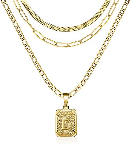 Dainty Layered Initial Necklaces for Women 18K Gold Plated Figaro Chain Necklace Simple Cute Letter Pendant Initial Paperclip Herringbone Snake Choker Gold Layered Necklaces for Women Teen Girl