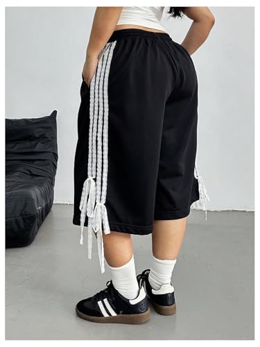 Verdusa Women's Plus Size Y2K Bow Lace Striped Capri Pants Drawstring Waist Wide Leg Cropped Pants2