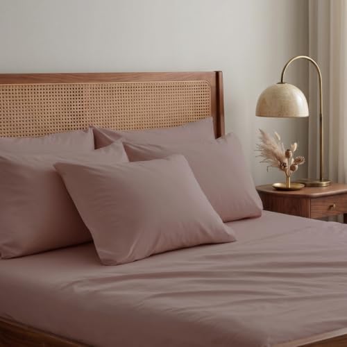 Image of Terra Pink Queen Fitted Percale Temperature Regulating Bedsheet Set - 100% Cotton, Soft Fitted Bedsheet 80x60 in + Pillow Covers 18x27 in, Lightweight Bed Linen for All Seasons