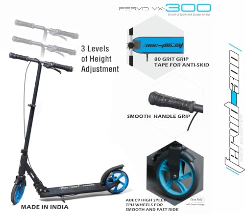 Image of Jaspo Fervid Vx-300 Aluminum Kick Scooter 175Mm Pu Wheels, Weight Limit 120 Kg,Front Rear Brakes,Grip Surface,for Tar Roads,3 Size Adjustments for Kids Youth & Adults (Fervid, Blue & Black)