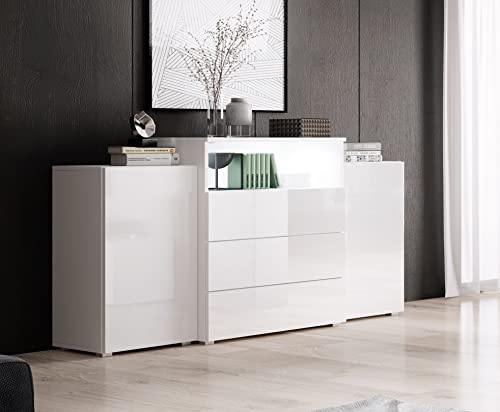 Moderno aparador de almacenamiento con luces LED, color blanco brillante, cómoda para sala de estar, aparadores elegantes para sala de estar KORFU III