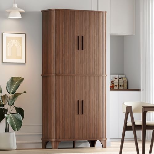 Decofy 69' Tall Kitchen Pantry Storage Cabinet with Sliding Door, Modern Curved Edge Pantry Storage Cabinet with 5 Shelves, Cupboard for the Kitchen, Dining Room, Bedroom, Living Room, Office (Walnut)