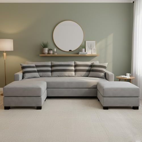 Image of Kassian Rich Velvet Suede 3 Seater Sofa Set with 2 Ottomans | Spacious Soft Touch Comfort Seating | Modern Sofa for Living Room - Light Gray
