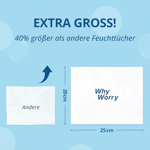 WhyWorry Feuchtes Toilettenpapier Spülbar, 20x25 cm Extra Groß Feuchttücher Toilette mit Kamille & Vitamin E, Reinigungstücher für Erwachsen, 100% Pflanzlich, Wiederverschließbar, Meer, 144 Stück