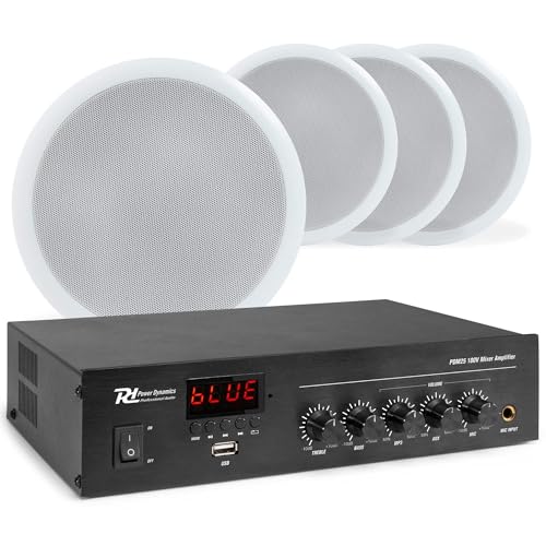 Power Dynamics Système Audio 100V avec 4 Haut-Parleurs de Plafond CSPB5 et Amplificateur PDM25 Bluetooth, FM, USB, Câble 50m - Idéal pour Bureaux,...