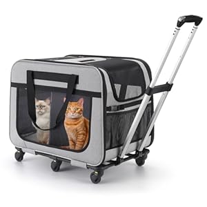 Extra Large Double Pet Carrier with Wheels for Small Dogs and All-Breed Cats, Cat Rolling Carrier for 2 Cats, Support up to 40 Lbs, Grey