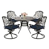 MEETWARM 5-Piece Outdoor Patio Dining Set, All-Weather Cast Aluminum Patio Conversation Set for Backyard Garden Deck with 4 Cushions Swivel Rocker Chairs and 35.4' Round Table, Navy Blue