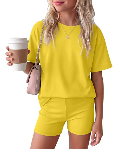 Image of Oakgarden Summer Outfits for Girls 5-14Y Athletic Casual Sets Kid Short Sleeve Shirt Bike Shorts 2 Piece Tween Trendy Clothes