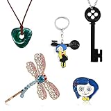 Ecocomfy 5PCS Accessories for Coraline, Coraline Necklaces|Key Necklaces|Dragonfly Hair Clip|Key Chain|Pin for Women Men, Kids, Coraline Jewelry for Halloween Costume Cosplay Movie Props Dress Up
