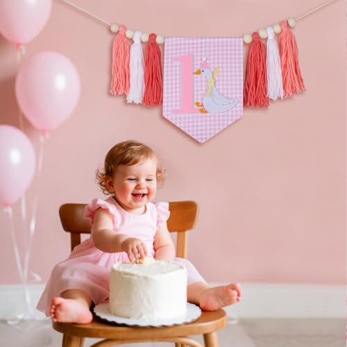 Image of Silly Goose 1st Birthday Highchair Banner - Nature-Inspired Smash Cake Garland for Baby Girl or Boy - Cute Lawn Party Decoration for One Year Old - Reusable Tassel Banner for Chair or Wall