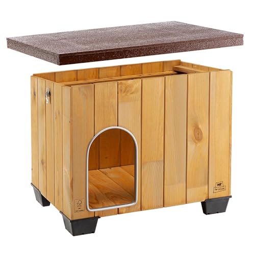 Ferplast Hundehütte mittelgroße Hunde BAITA 60 aus FSC-Holz, Hundehaus Outdoor Wetterfest, Isolierende Kunststofffüße, Tür mit Bissschutzkante aus Aluminium, 67 x 53 x h 56 cm.