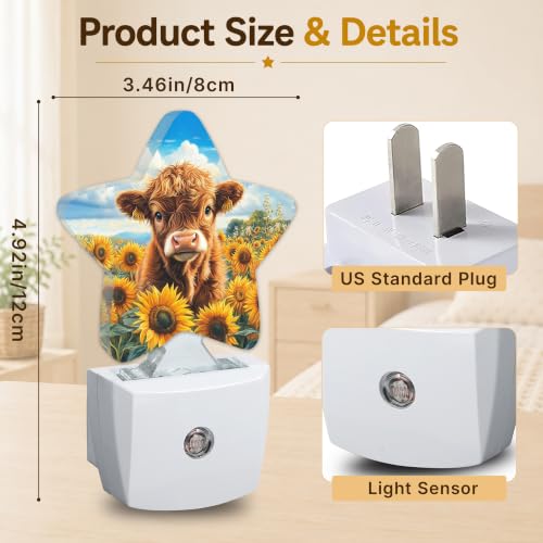 Image of Highland Cow Star Night Light Plug in, Decorative Night Light for Kids Room Nursery Bedroom, Soft Glow Sensor Lamp for Hallway Bathroom, Compact Energy Saving