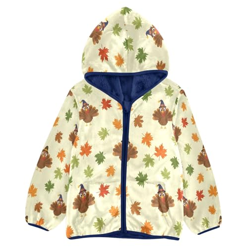 Turkey and Leaves Pattern Print Toddler Fleece Jacket Girl Boys Hooded Fleece Jacket Coat Warm Outwear Zip-up 3-10T
