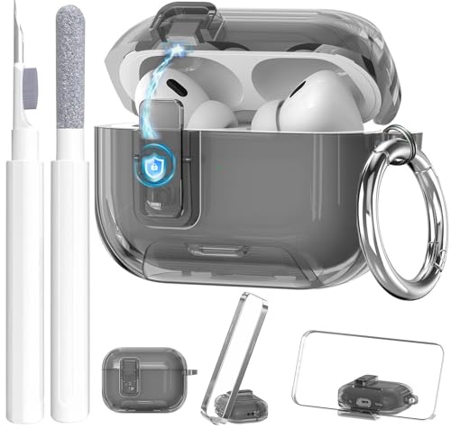 Image of Compatible with Airpods Pro 3 Case Clear with Lock Phone Stand, Soft TPU Magnetic Automatic Lock Apple AirPods Pro 3rd Generation Protective Cover Skin Women Men+ Cleaning Kit for iPod Pro3 Case Black