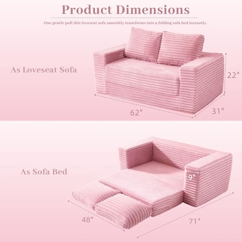 Image of HABUTWAY 62 inch Small Boneless Couch,3-in-1 Convertible Folding Sofa Bed, Corduroy Loveseat Sofa Bed w /2 Pillows for Living Room /Guest Room No Assembly Required, Light Pink