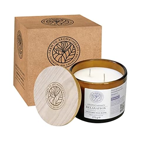 FARM TO AROMATHERAPY Duftkerze für Entspannung im Glas mit Holzdeckel & 2 Dochten - Weiß & Vegan - Versetzt mit 100% Naturreines Ätherisches Öl - 52 h Brenndauer - in Geschenkbox Cover