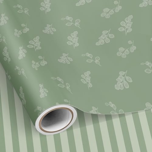 SHUCHING Geschenkpapier Salbeigrüne - 43 cm x 10 m Eukalyptus Blätter Grüne Streifen Geschenkpapier Rolle für Frauen Geburtstag Hochzeit Jahrestag Brautparty Valentinstag