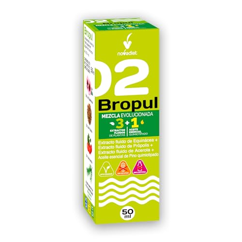 Novadiet - BROPUL + ACEITE ESENCIAL DE PINO con Extracto Fluido de Equinácea, Própolis, Acerola y Aceite Esencial de Pino - Refuerzo de Defensas y Alivio de Molestias Respiratorias - Envase de 50 ml