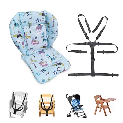Image of Kocpudu High Chair Cushion, Seat Cushion, Breathable Pad, with Baby High Chair Seat Belt, 2 Pieces, Soft and Comfortable, Make The Baby More Comfortable (Colourful Wave Stripes) (Blue)