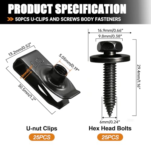 Image of mankk 50PCS 1 /4 U-Nut Clips and Fender Bolts Kit Automotive Body Fasteners | U-shaped nut clamps fit engine cover, splash shield, universal vehicle replacement body clips
