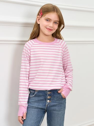 Haloumoning Girls Striped Thumb Hole Long Sleeve Shirts Kids Crewneck Tunic Tops Curved Hem Tees 5-14 Years2
