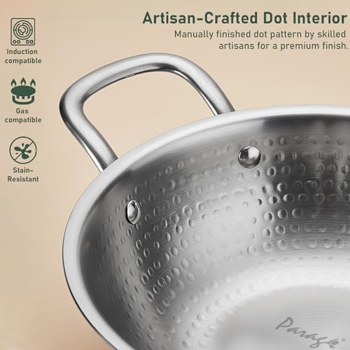 Image of Parage 1 Piece Triply Hammered Stainless Steel Kadhai 24 cm | ISI Certified | Tripure | 2.6 LTR Deep Kadhai for Induction & Gas Stove | Even Heat Distribution, Non-Reactive, Heavy Bottom Cookware