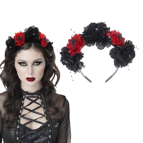 GELXGRIT Halloween Rose Headband Flower Crown Headpiece Gothic Black Red Flower Head Band Day of The Dead Hair Accessories Halloween Costume Accessories Party Favors