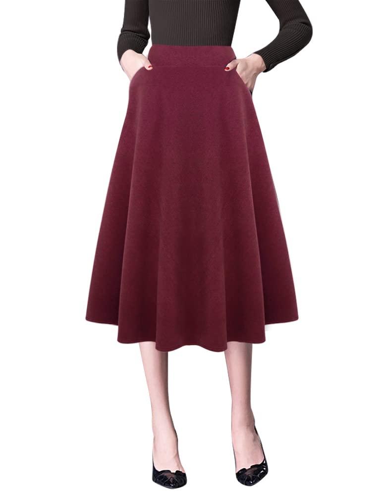 IDEALSANXUN Women's Classic Wool Skirt, High Waist, Pure Wine, M