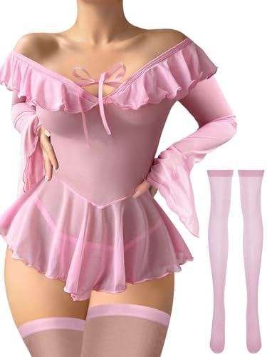 Foxiny Sexy Stocking Sheer Mesh Babydoll Rave Outfits Lingerie Dress Top with Thong 3 Piece Set Women See Through Long Sleeve Off Shoulder Pajamas Negligee Night Gown Pink Medium