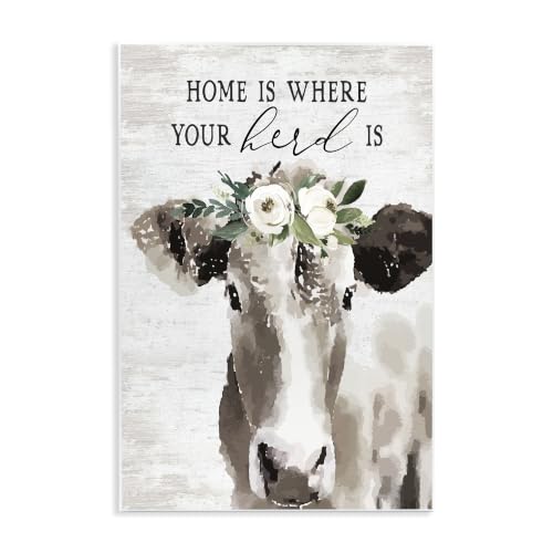 Boho Floral Cow Home, 13 x 19 Inch Mounted Print on Wall Plaque