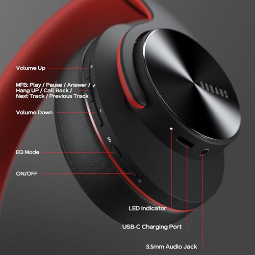 Image of DOQAUS Bluetooth Headphones Over Ear, 52 Hours Playtime Wireless With 3 EQ Modes, HiFi Stereo With Microphone and Soft Protein Earpads for iPhone /TV /PC /Home Office (Black-Red) | Hifi Stereo Sound, Lightweight, Headphones Wireless with Soft Memory Foam Earpads, Deep Bass for Home Office Cellphone PC