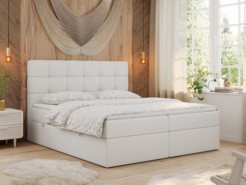 MKS MEBLE Boxspringbett mit Matratze, Bett mit Multipocket - Matratze und Topper, Polsterbett mit Bettkasten und Kopfteil, ERNI (160x200 cm, H4 Weiß,...