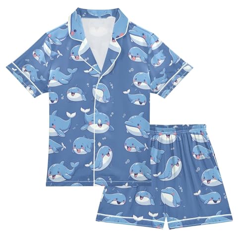 senya Cute Small Whale Satin Summer Pajama Sets Silk Short Sleeve Button Down Sleepwear
