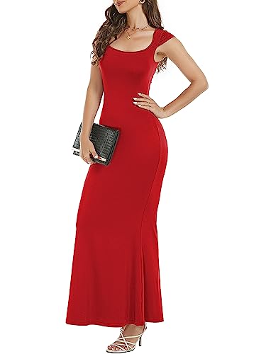 Image of Womens Summer Cap Sleeve Square Neck Elegant Casual Lounge Bodycon Slim Maxi Evening Party Long Dress