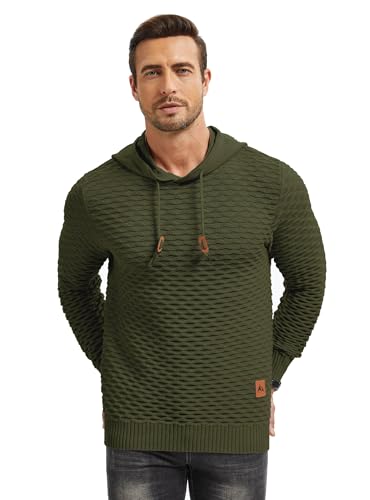 Men's Waffle-Knit Hooded Pullover Sweater Solid Color Hoodie with Adjustable Drawstrings & Leather Tag3