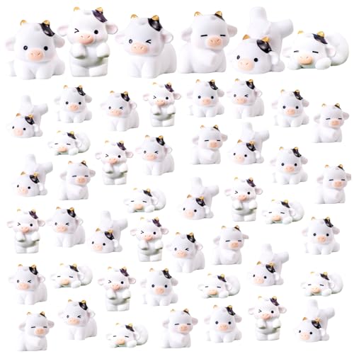 Uanqfegy Mini Figurines de Vache, 48 Petites Vaches en résine dans 6 Styles, Jolies décorations de gâteau DIY pour Paysage féerique, Artisanat Terrarium