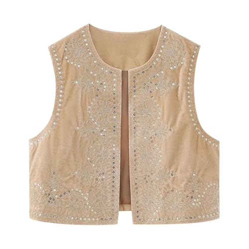 Women's Style Embroidered Velvet with Sparkling Sequin Detailing for Everyday (Khaki, S) #52