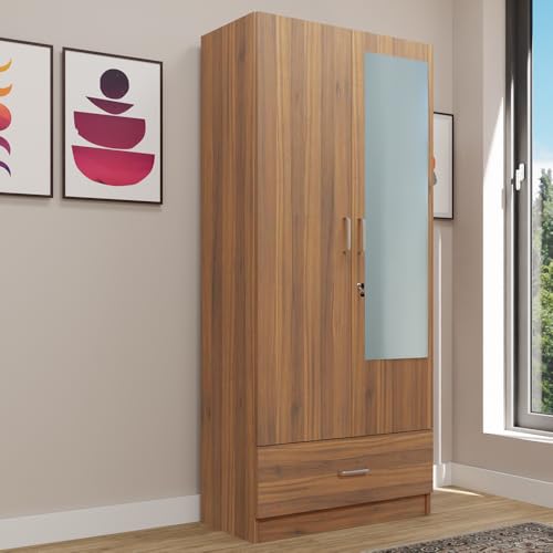 Image of VIKI Wardrobe |Wooden Almirah for 2 Door Wardrobe with 1 Drawer & Hanging Space with Mirror (Brussel Walnut - 40D x 80W x 180.8H) | 1 Year Warranty | Free Assembly