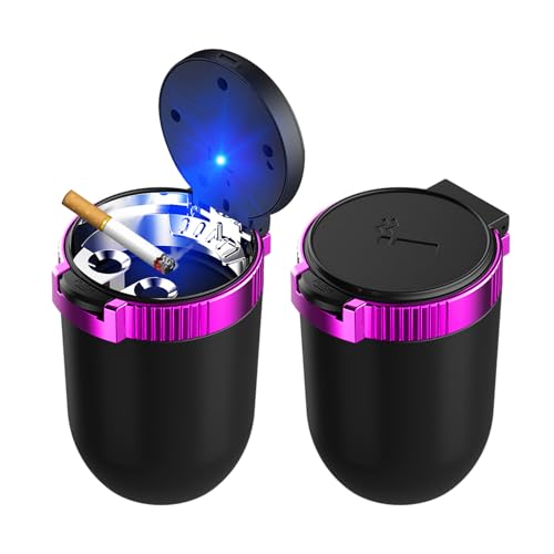Image of Dickno 2 PCS Car Ashtray with Lid, Detachable Stainless Smokeless Auto Ashtray, Portable Mini Vehicle Trash Can with LED Blue Light, Universal Interior Accessories for Cup Holder (Purple)