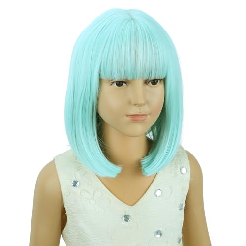 Image of PATTNIUM Mint Green Bob Wig for Kids Girls Short Light Green Straight Wig with Bangs Cosplay Party Synthetic Rose Net Daily Wear Wig