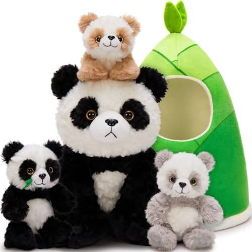 Tezituor 5-in-1 Panda Stuffed Animal Set with Bamboo Hut, Realistic Big Panda Plush Toy with 3 Babies, Birthday Gift Nursery Decor for Kids, Girls, Boys