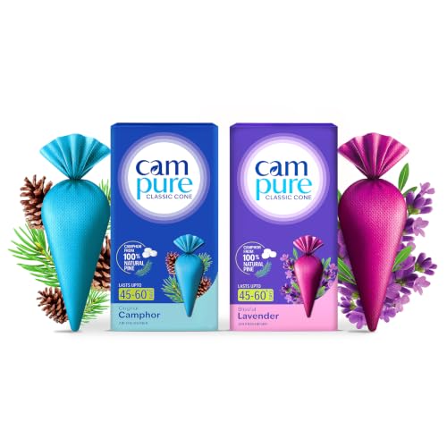 Image of CamPure Camphor Cone (1 Original + 1 Lavender) Pack Of 2-100% Organic | Air Freshener For Car, Wardrobe, Office Cabin's, Drawers, Travel Bag & Bathroom
