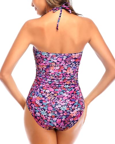 Image of Tempt Me Women Sexy Cutout One Piece Swimsuits Tummy Control High Waisted Halter Front Tie Knot Bathing Suit