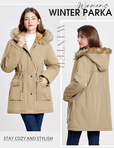 Lonya Winterjacke Damen Parka Winter Mäntel Fleecejacke Warm Mittellang Wasserabweisend Dicke Coat mit Kapuze Khaki,XL