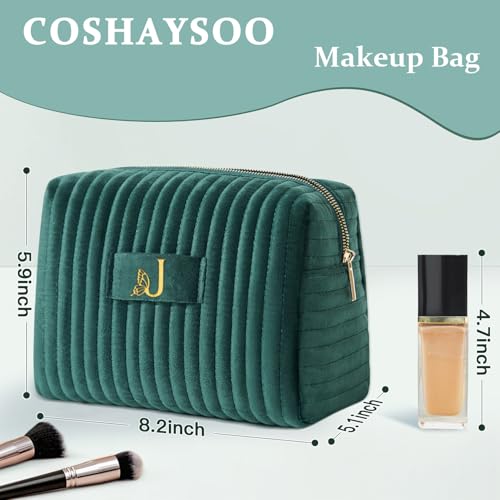 Image of COSHAYSOO Travel Makeup Bag Quilted Make Up Pouch Initial Cosmetic Case with Butterfly Decorations for Women Compact Mirror Traveling Size Beauty Tools Accessories Organizer Green Velvet Letter J