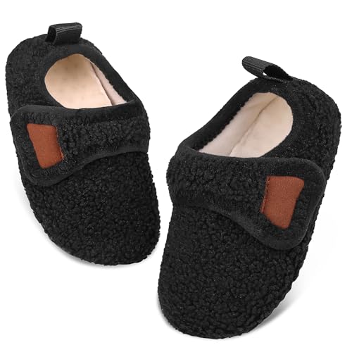 Toddler kids plush slippers warm lightweight soft bottom household shoes boys and girls indoor and outdoor non-slip cotton slippers black 4.5/5 uk child